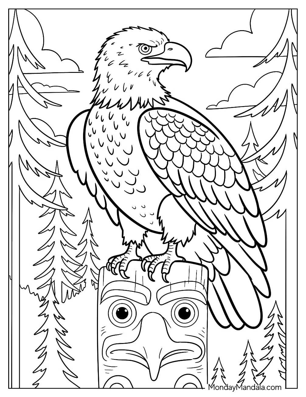 Focused Bald Eagle Coloring Page Perched on a Tiki Totem coloring page — printable line art