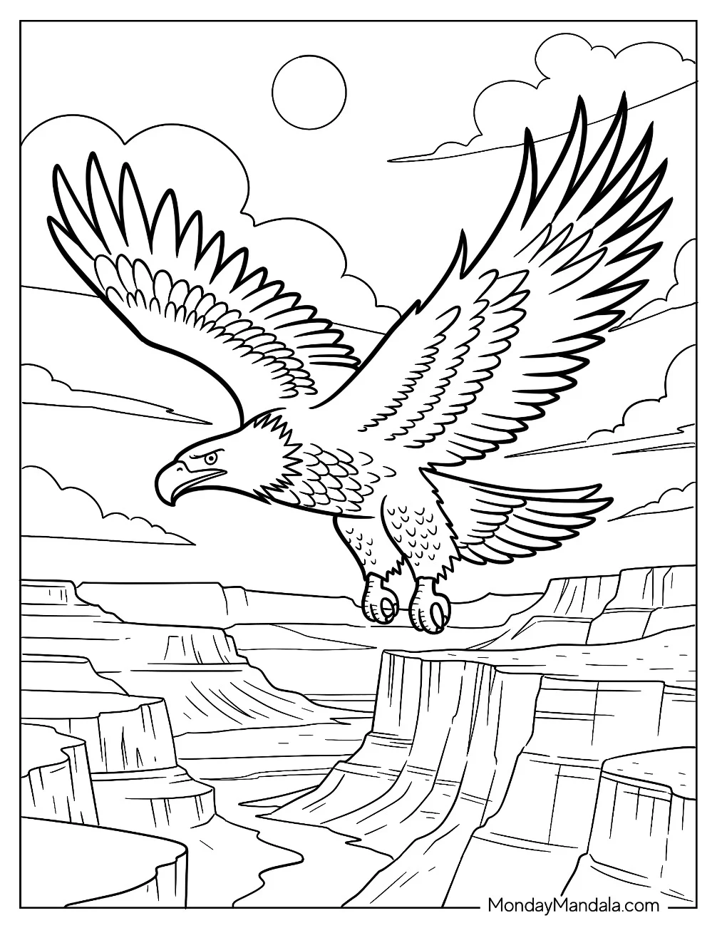 Large Bald Eagle Coloring Page Soaring Over the Grand Canyon coloring page — printable line art