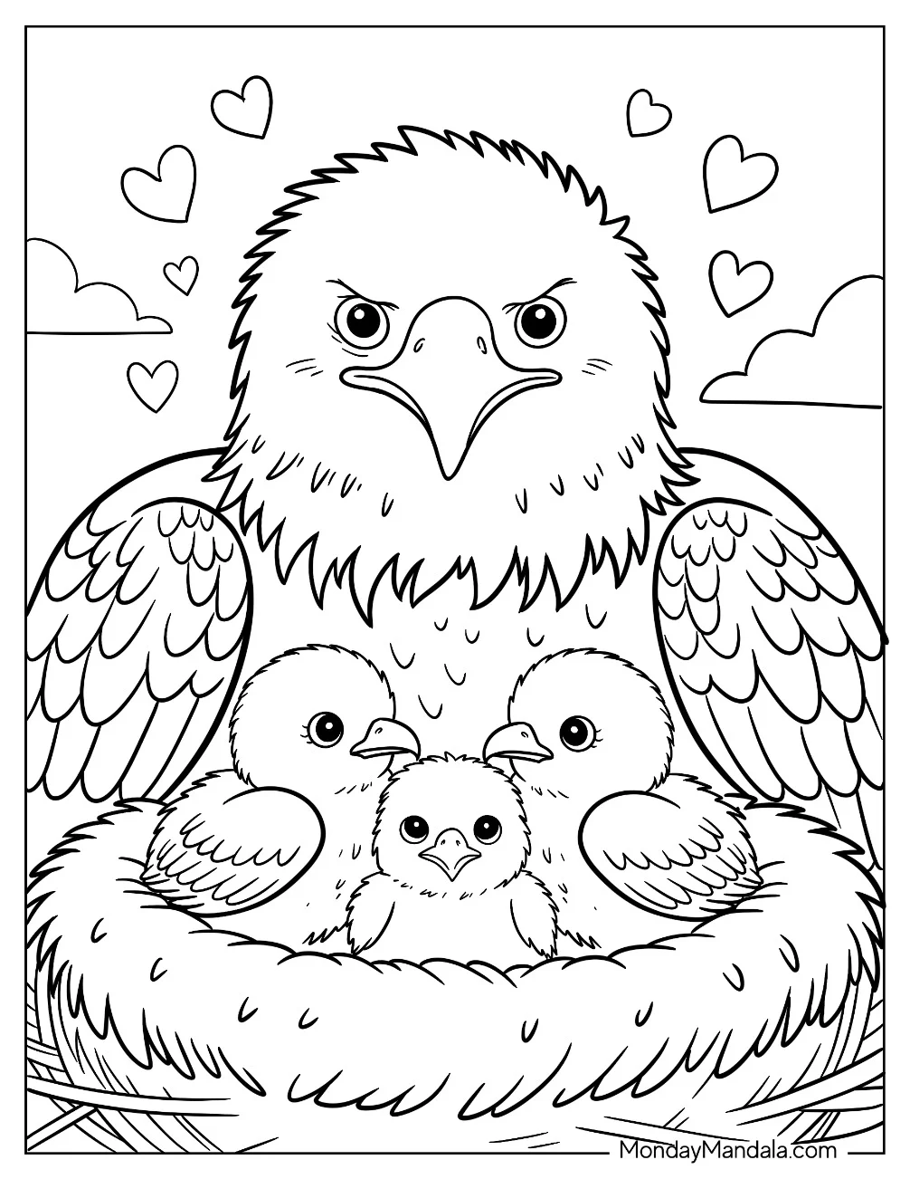 Loving Mother Bald Eagle Coloring Page with Her Three Eaglets coloring page — printable line art