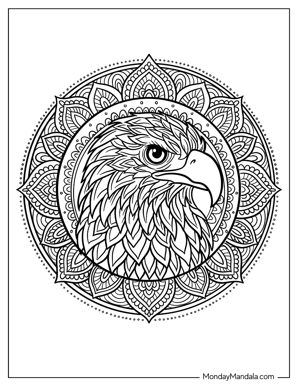 Majestic Bald Eagle Coloring Page Mandala with Floral Patterns coloring page — printable line art