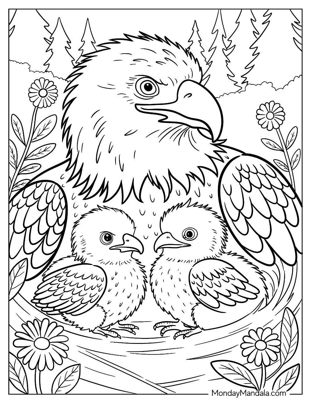 Mother Bald Eagle Coloring Page Shielding Her Eaglets coloring page