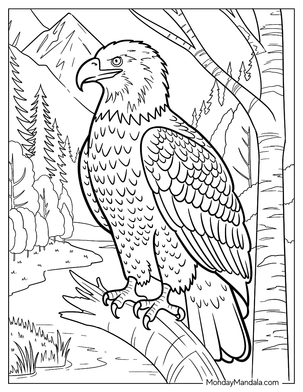 Realistic Bald Eagle Coloring Page Overlooking a River in a Forest coloring page — printable line art