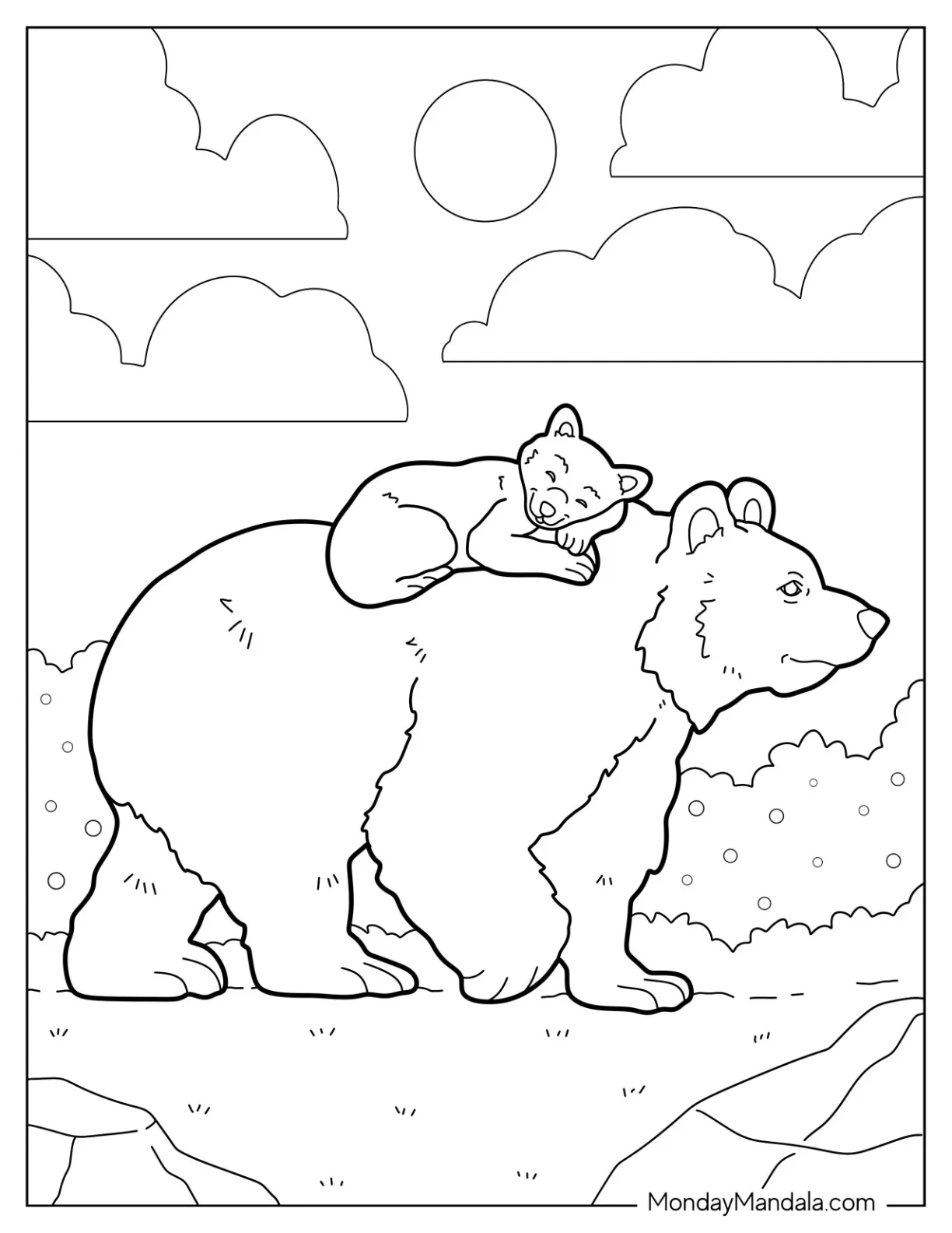 Bear Coloring Page Of Cub Sleeping On Mama Bear s Back While She s Walking coloring page — printable line art