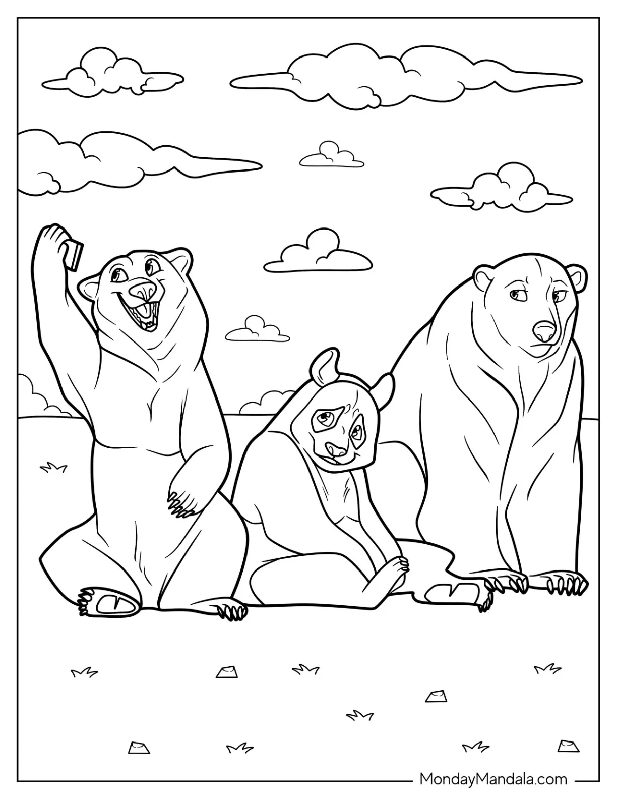 Cartoon Bear Coloring Page Taking Selfie With Panda And Polar Bear coloring page — printable line art