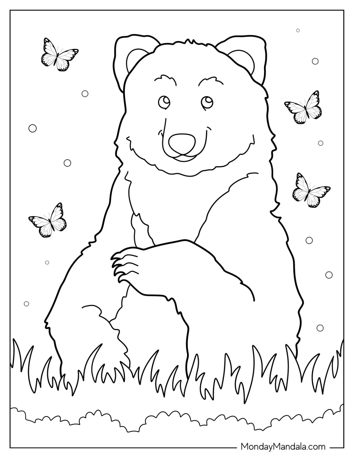 Cute Bear Coloring Page Sitting In Grass With Butterflies coloring page