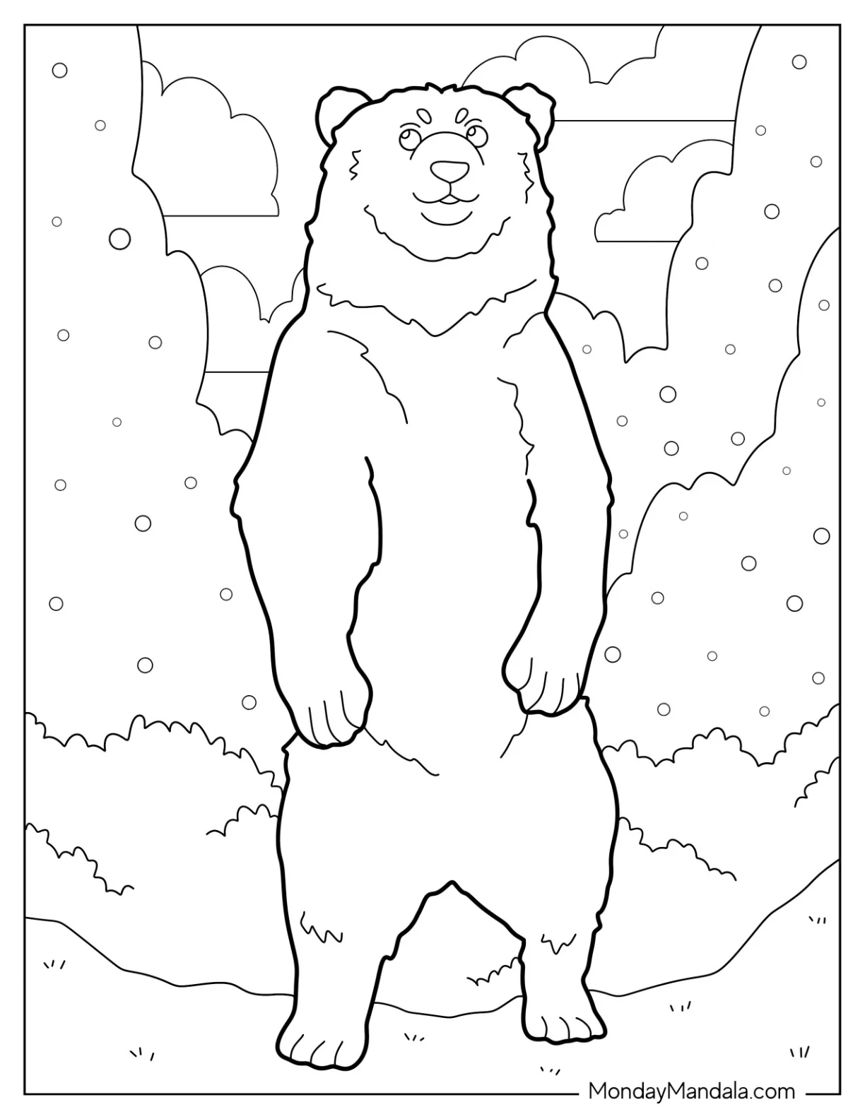 Easy Adult Bear Coloring Page Standing In Forest For Kids coloring page