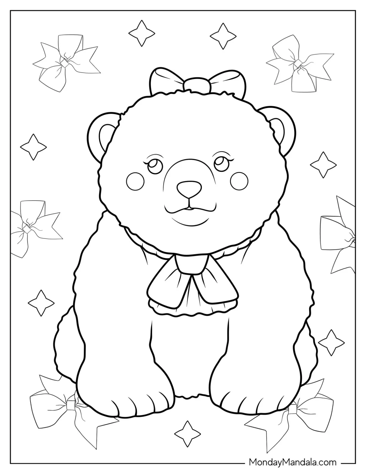 Female Bear Coloring Page Wearing Ribbon On Head coloring page — printable line art