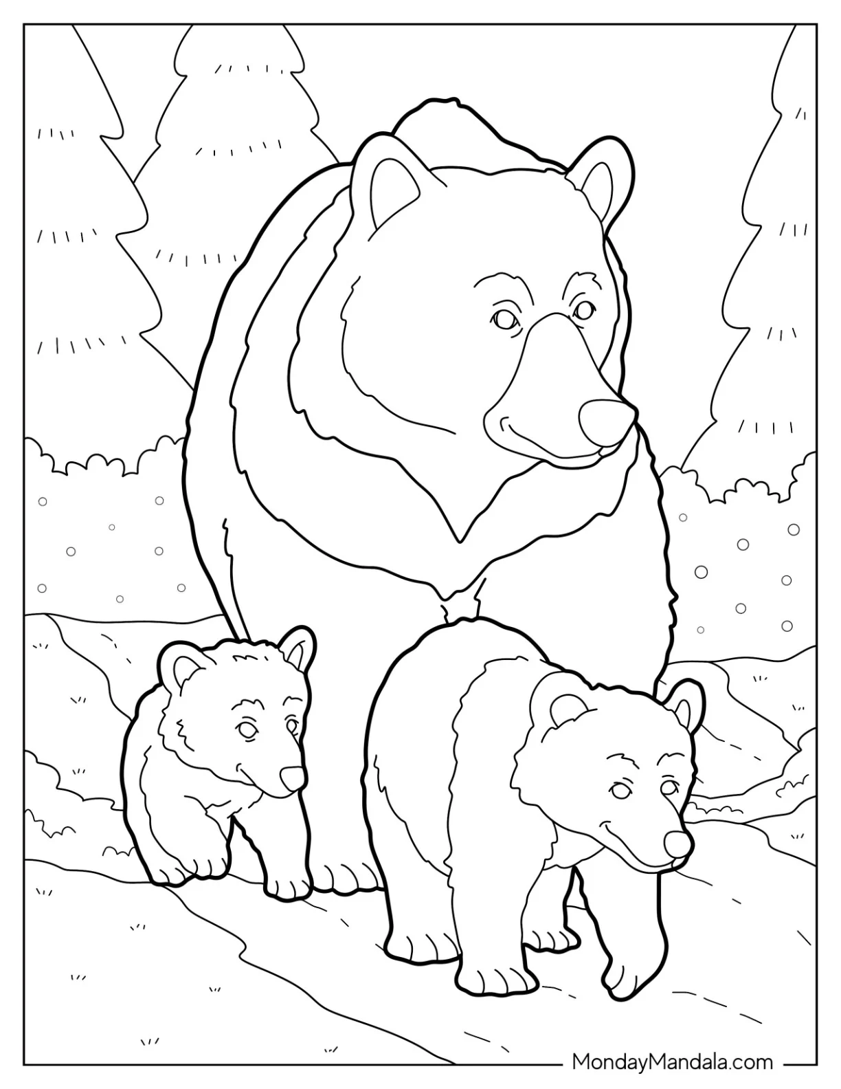 Mama Bear Coloring Page Walking With Her Two Cubs In Forest coloring page