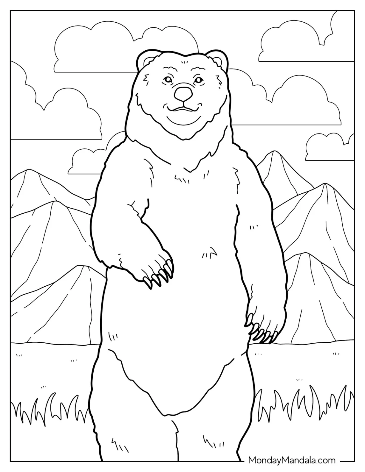 Realistic Bear Coloring Page Standing Up In Mountainside coloring page — printable line art
