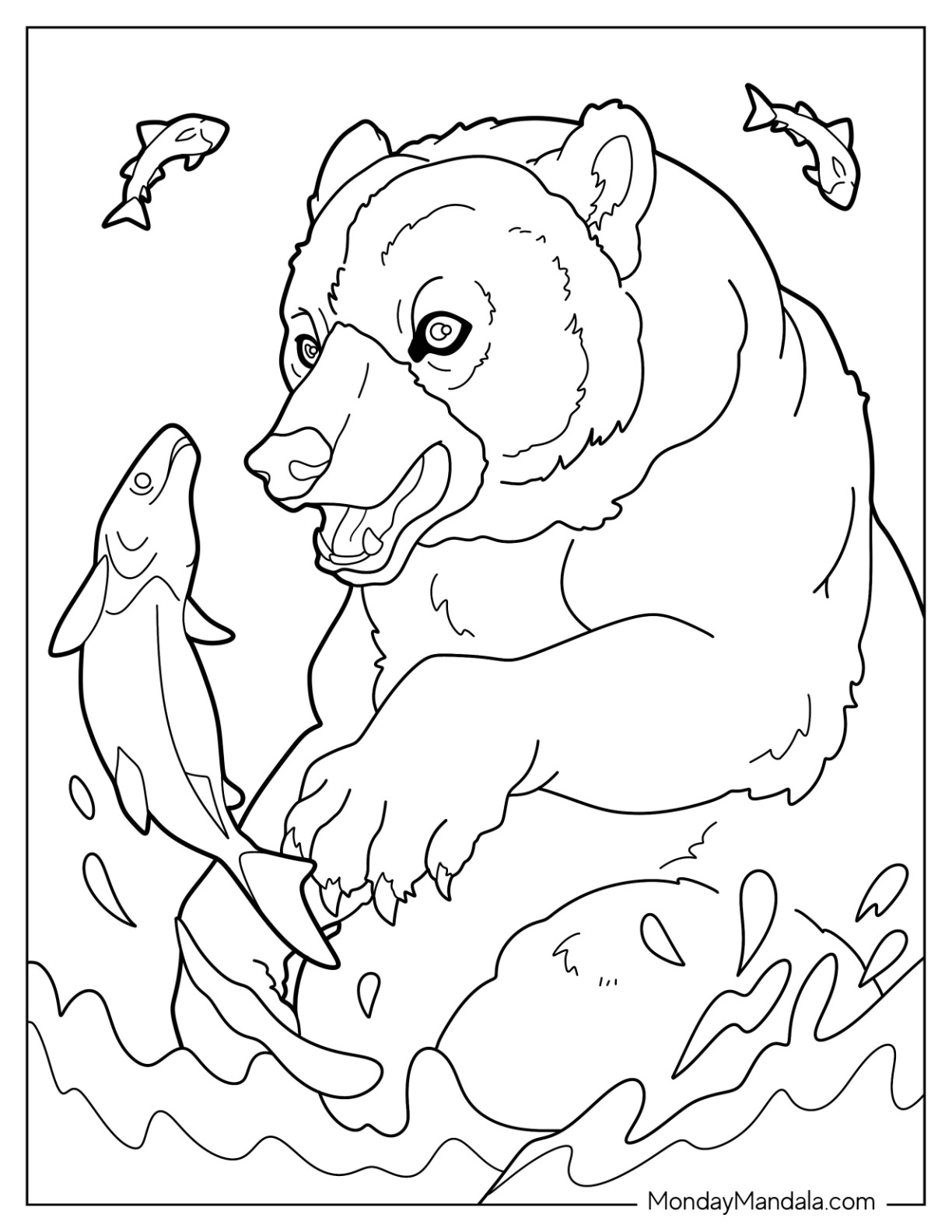 Scary Bear Coloring Page Catching Fish In The Air coloring page — printable line art