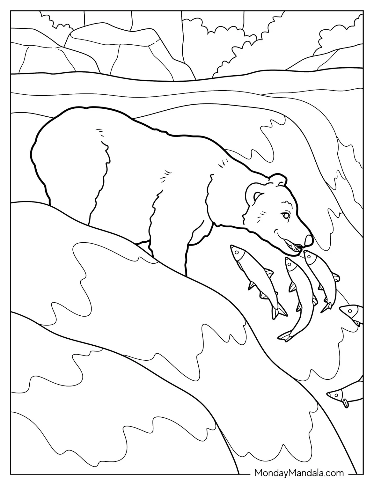 Simple Bear Coloring Page Catching Fish In Waterfalls coloring page — printable line art