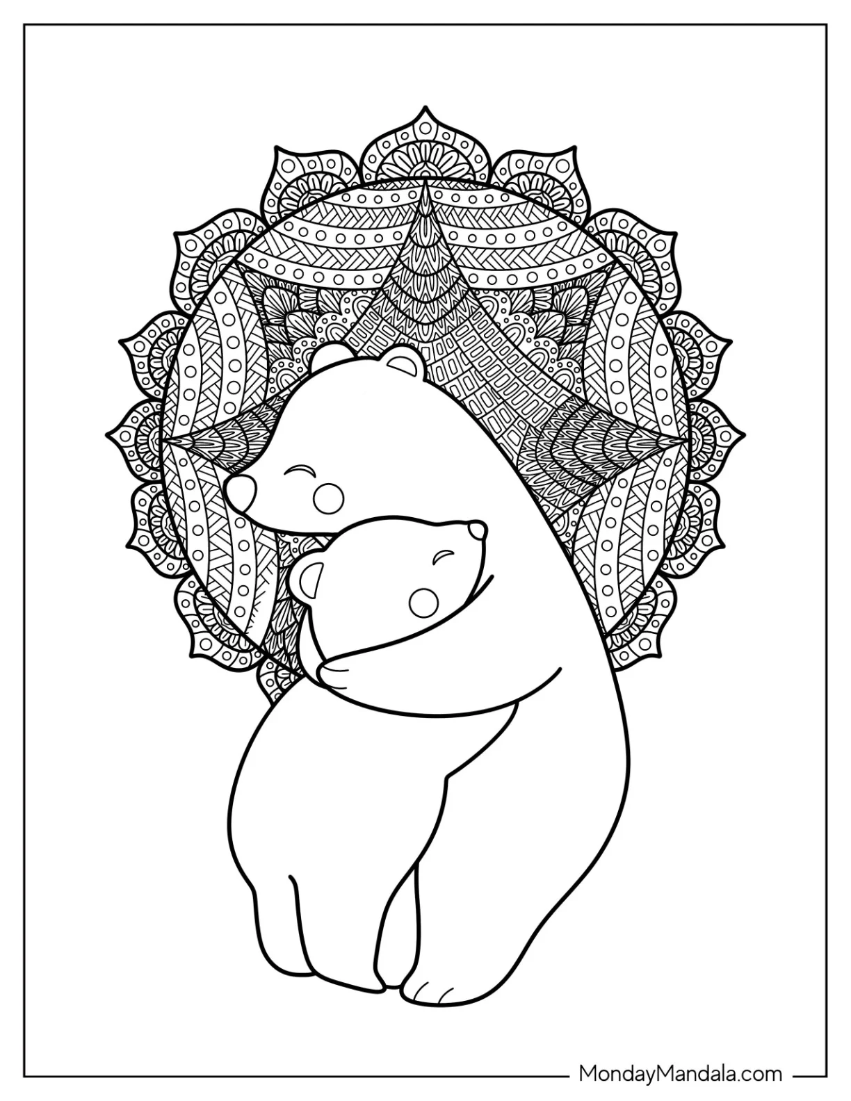 Two Cartoon Bear Coloring Page Hugging In Front Of Mandala coloring page