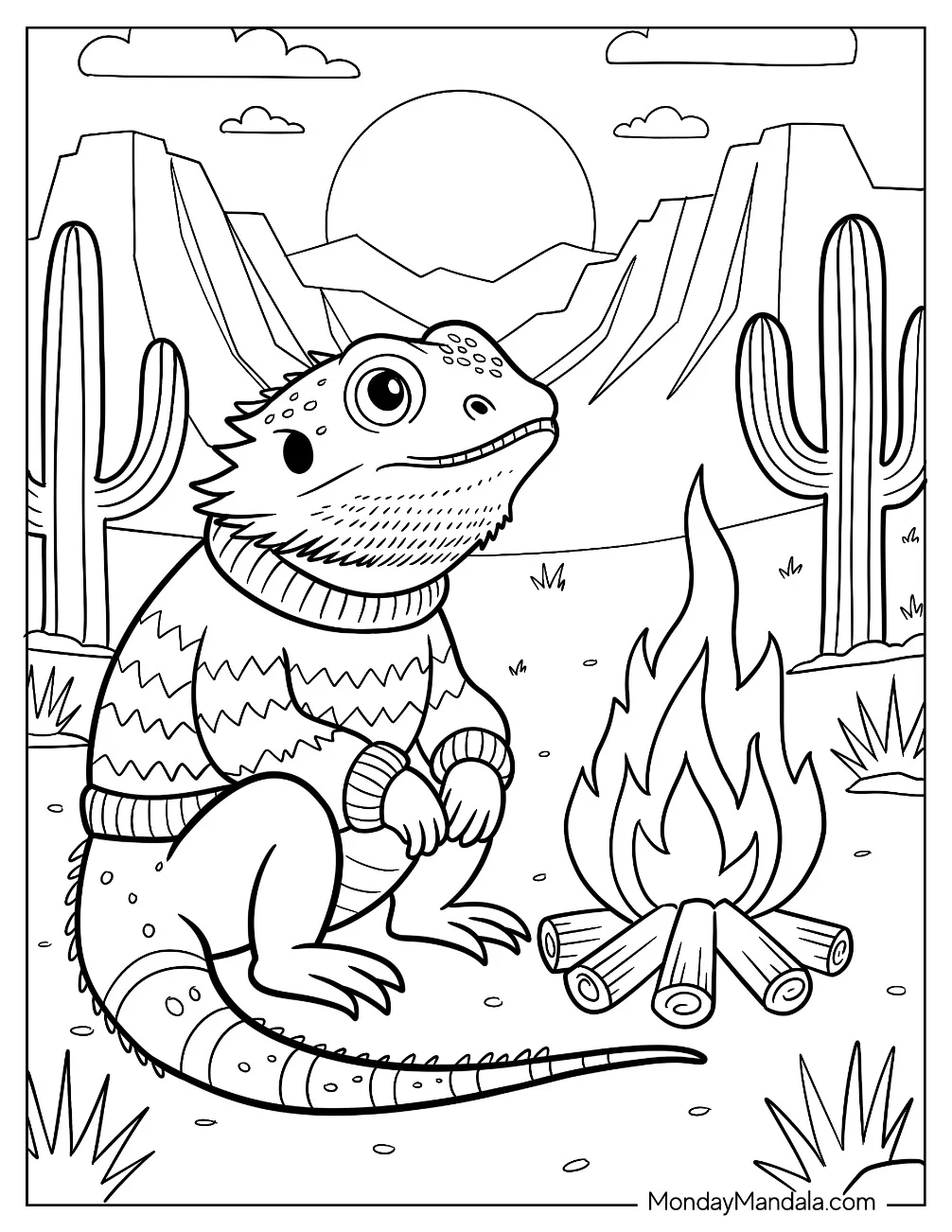 Bearded Dragon Coloring Page in Sweater Sitting by Bonfire in the Desert coloring page — printable line art