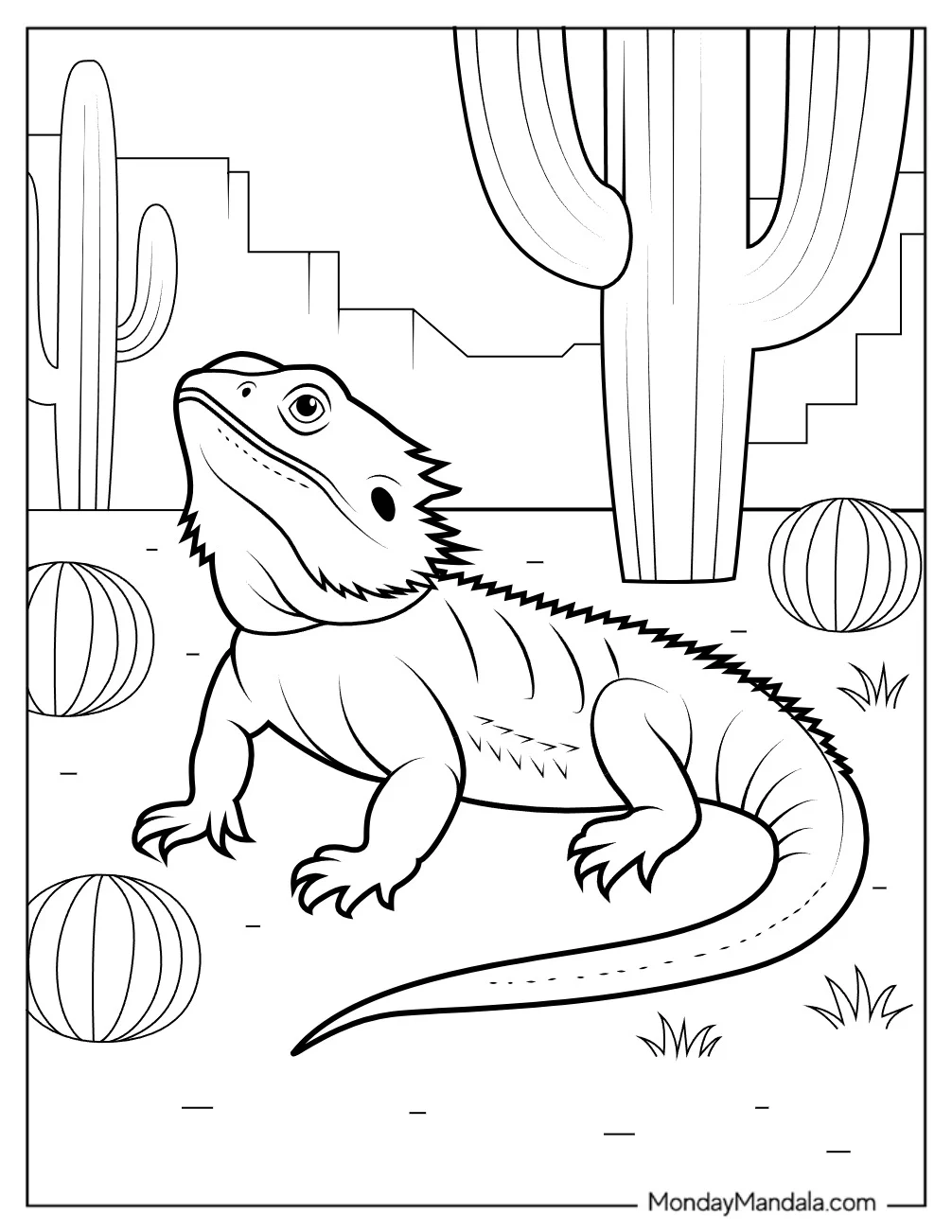 Bearded Dragon Coloring Page in the Desert Surrounded by Cacti for Kids coloring page