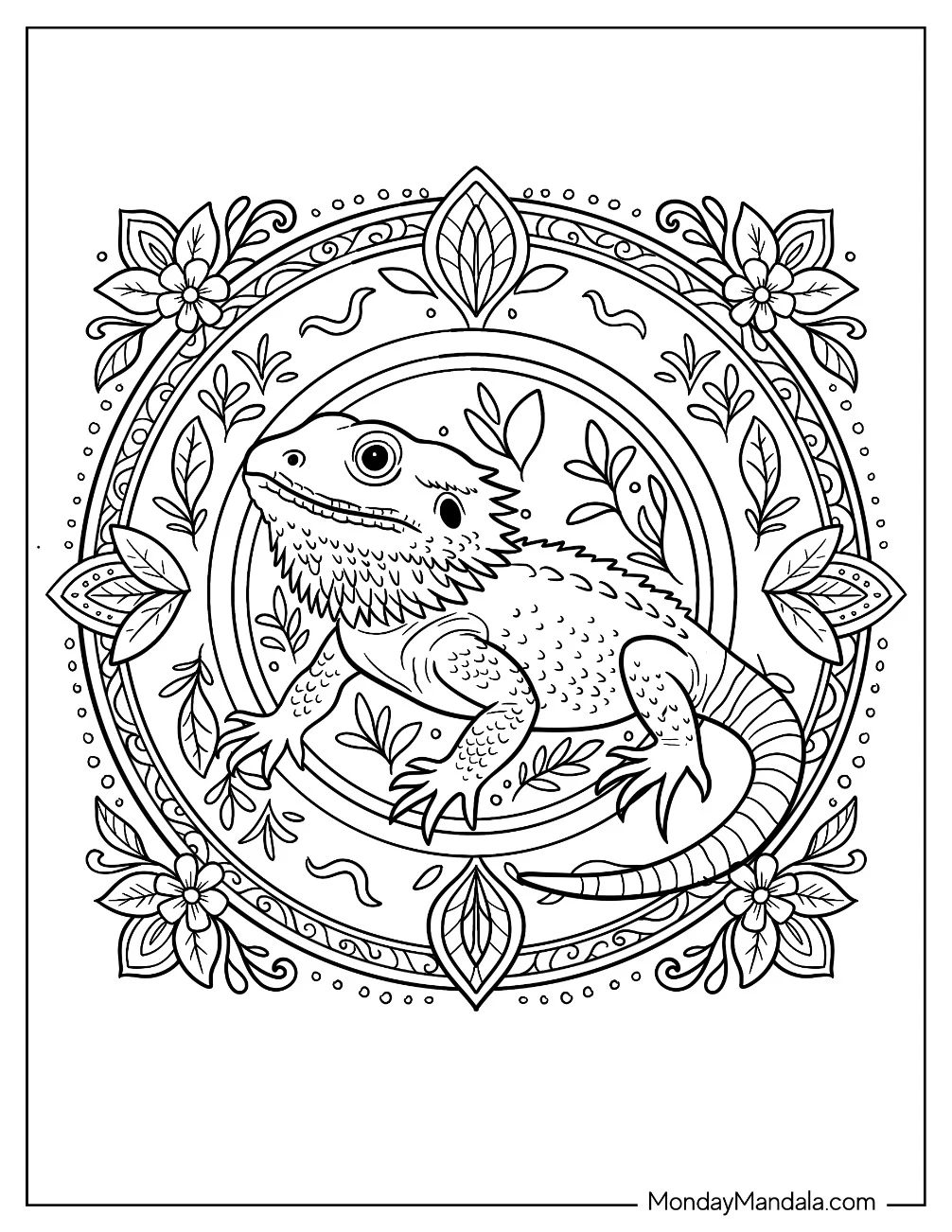 Bearded Dragon Coloring Page Inside a Simple Floral Mandala coloring page