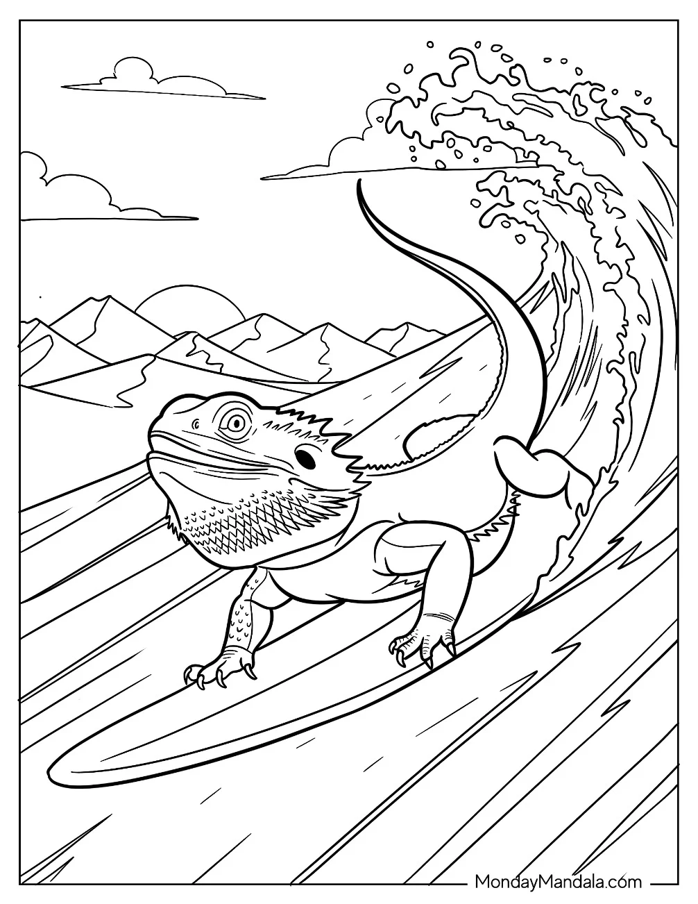 Bearded Dragon Coloring Page Surfing with Mountainous Background coloring page