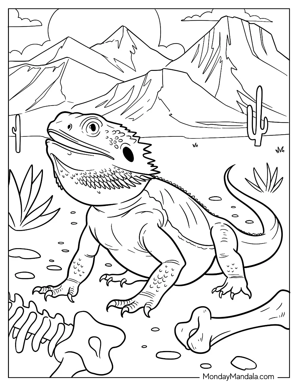 Bearded Dragon Coloring Page with Detailed Scales in the Desert coloring page