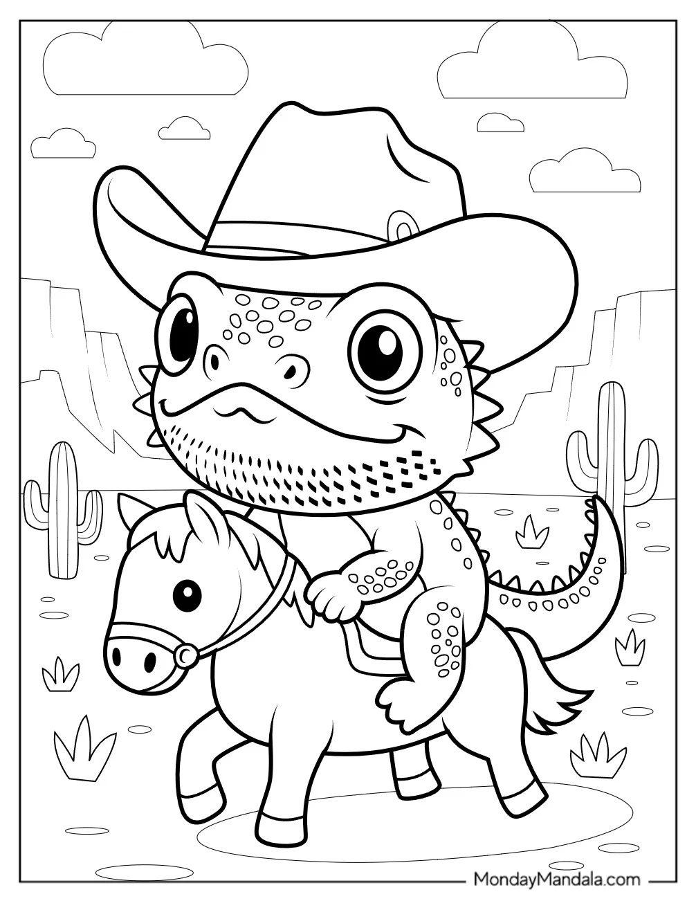 Cowboy Bearded Dragon Coloring Page Riding a Horse coloring page