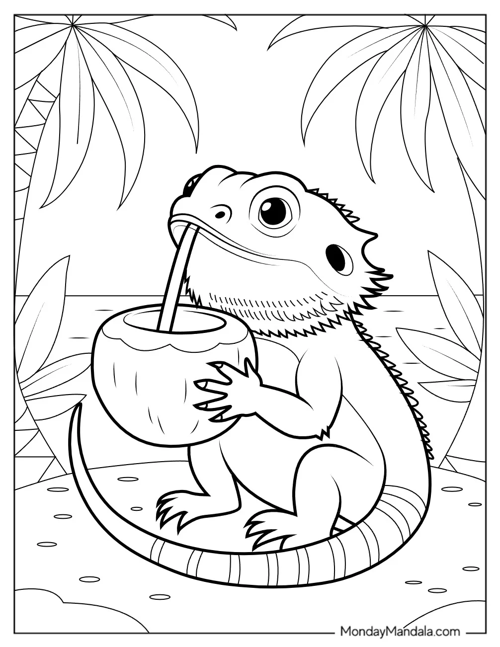 Cute Bearded Dragon Coloring Page Drinking Coconut Juice for Kids coloring page