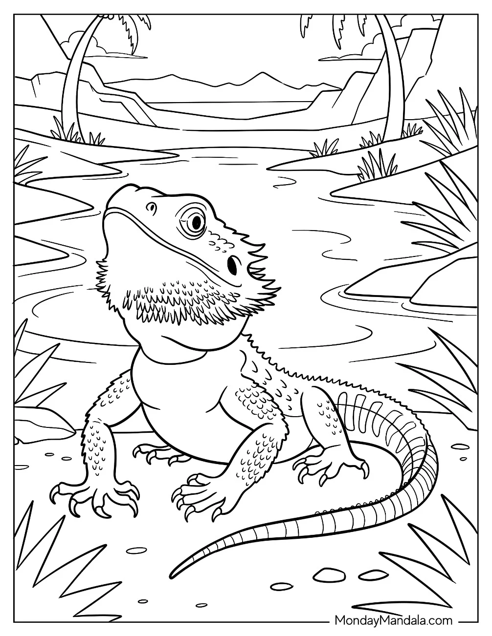 Detailed Bearded Dragon Coloring Page by the Water for Kids coloring page