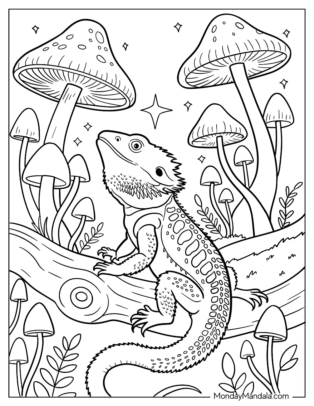 Detailed Bearded Dragon Coloring Page on a Log Surrounded by Mushrooms coloring page