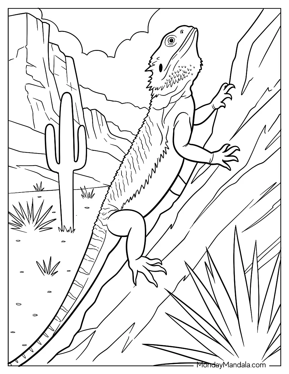 Large Bearded Dragon Coloring Page Climbing a Rock coloring page — printable line art