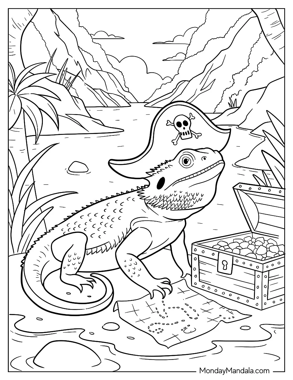 Pirate Bearded Dragon Coloring Page with Treasure Chest coloring page