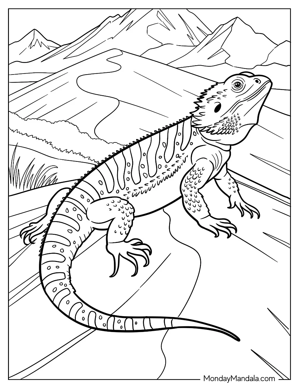 Striped Bearded Dragon Coloring Page on the Mountain coloring page — printable line art