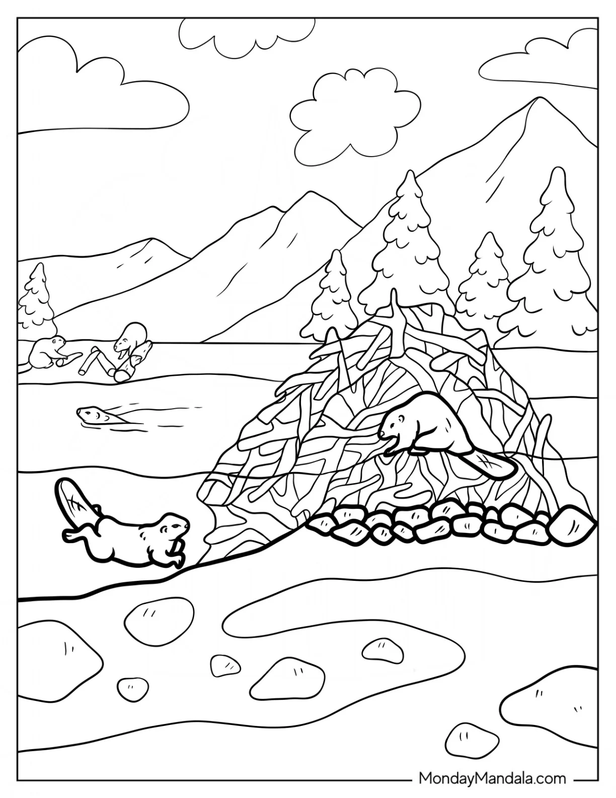 Beaver Coloring Page Building A Lodge In The River coloring page — printable line art