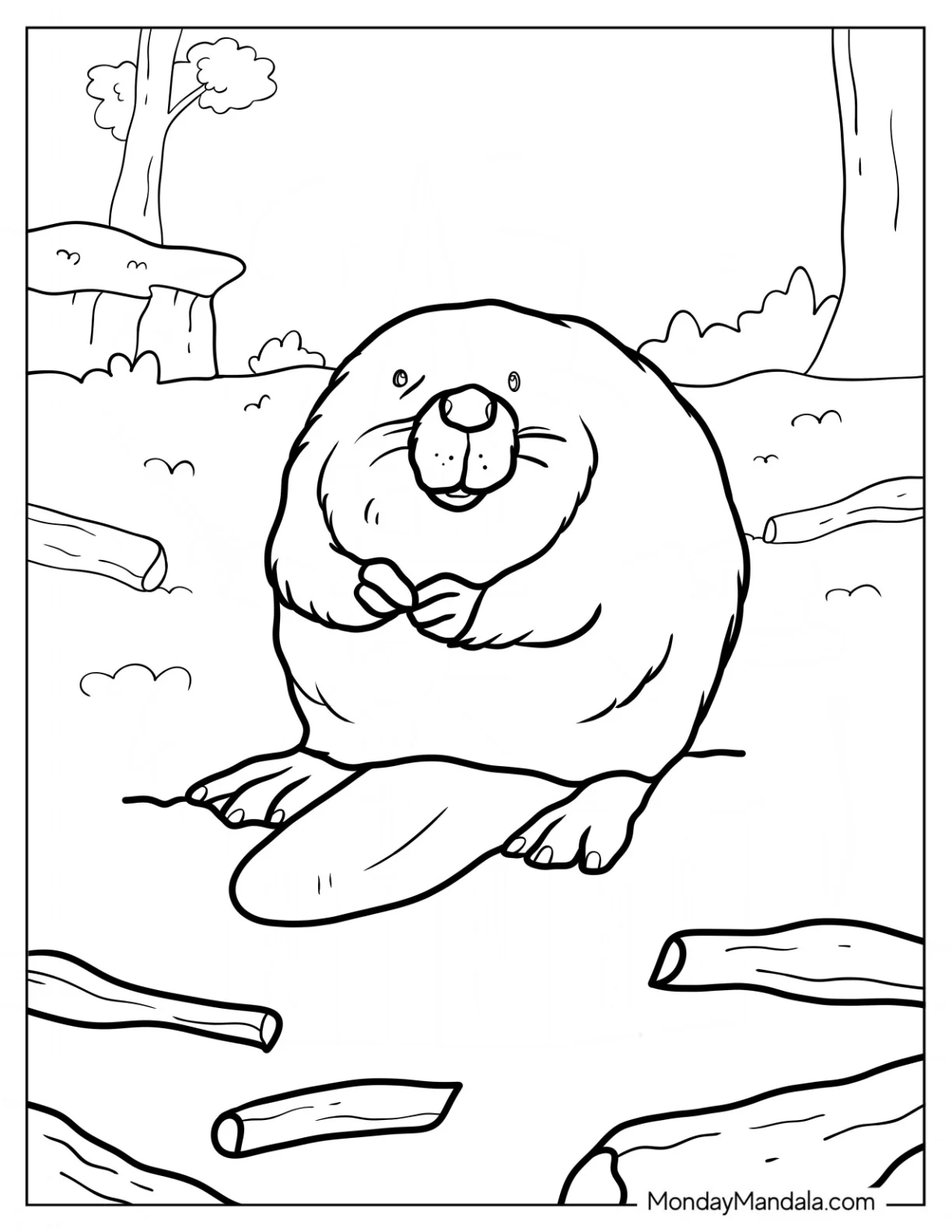 Big Fluffy Beaver Coloring Page Sitting On The Grass coloring page — printable line art