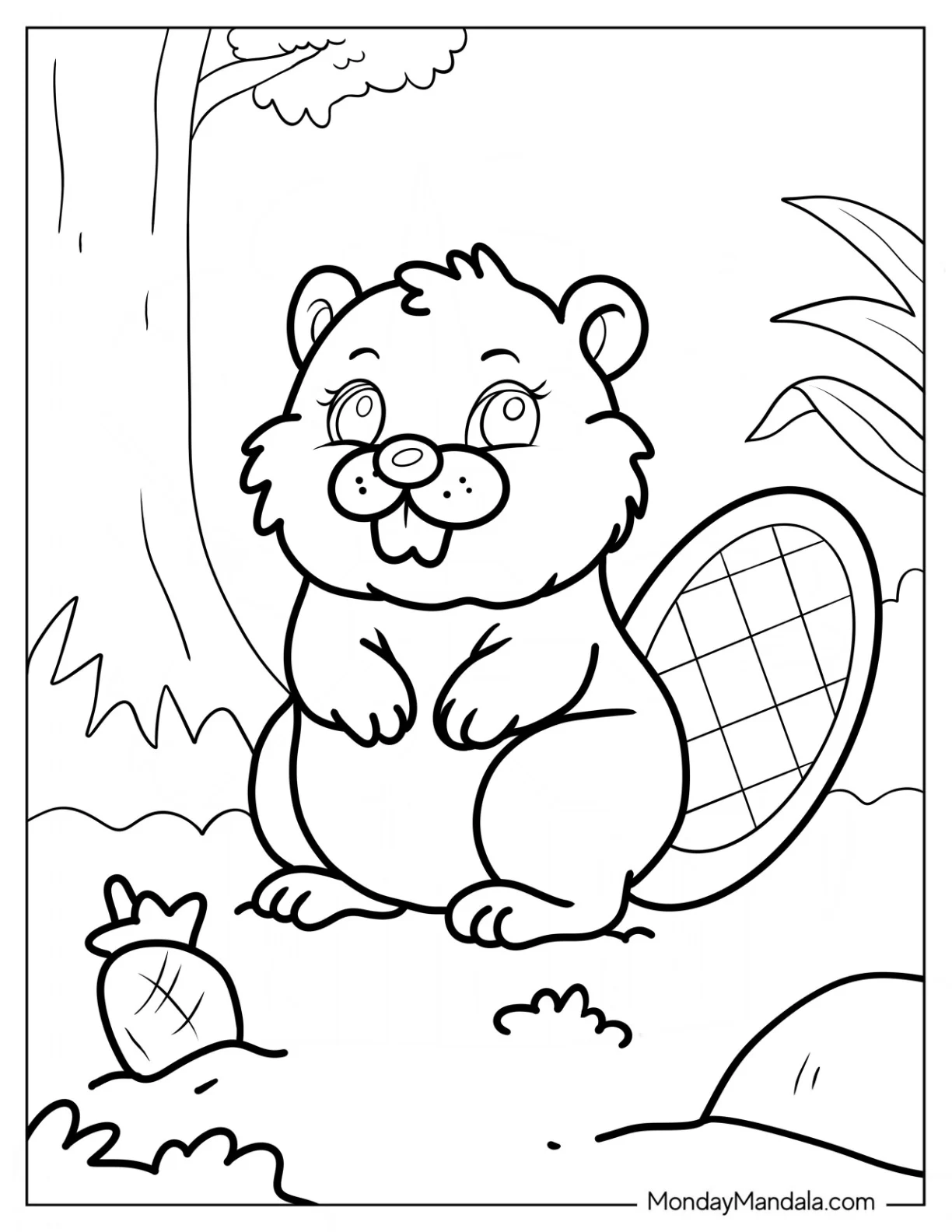 Fluffy Beaver Coloring Page Standing In A Forest coloring page