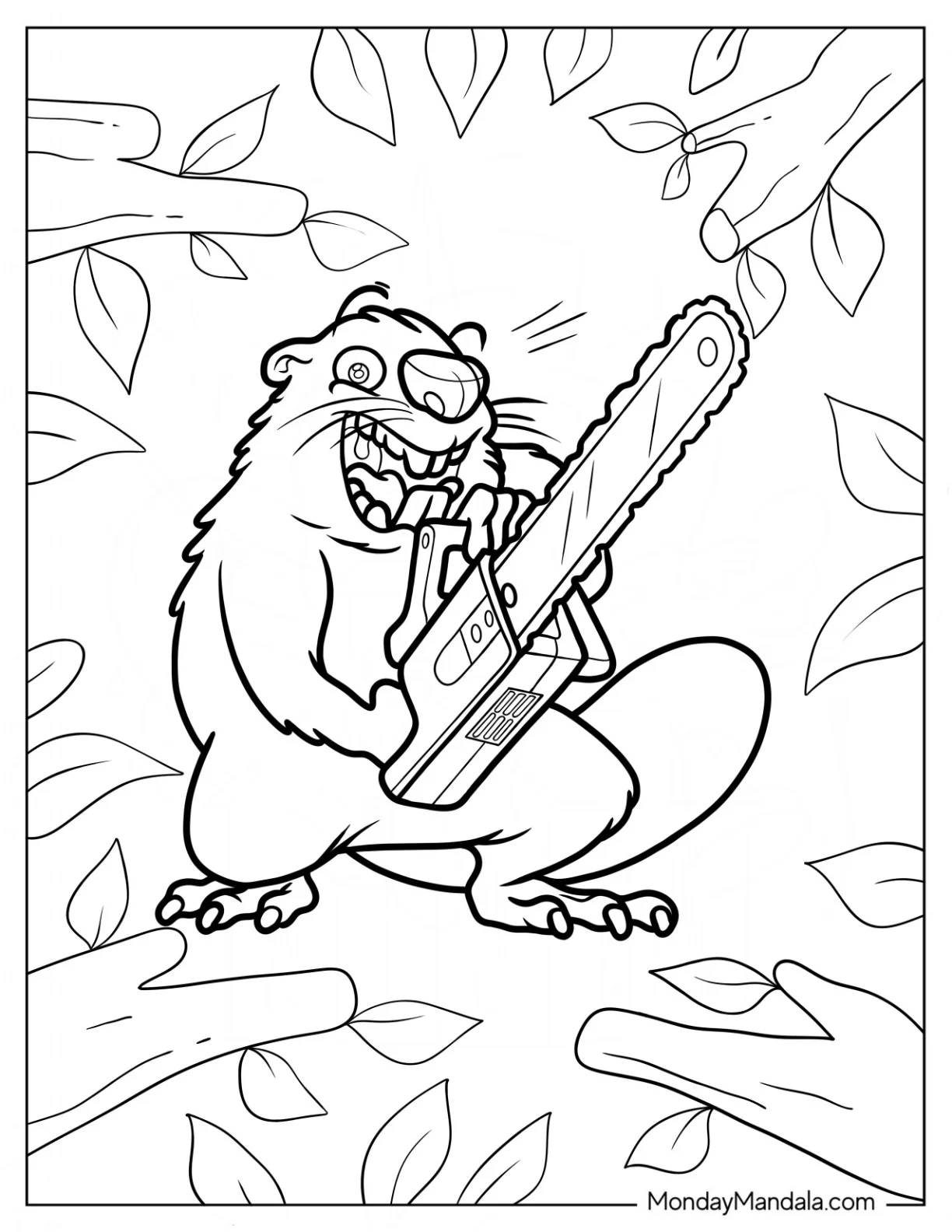 Happy Beaver Coloring Page Holding A Chainsaw coloring page