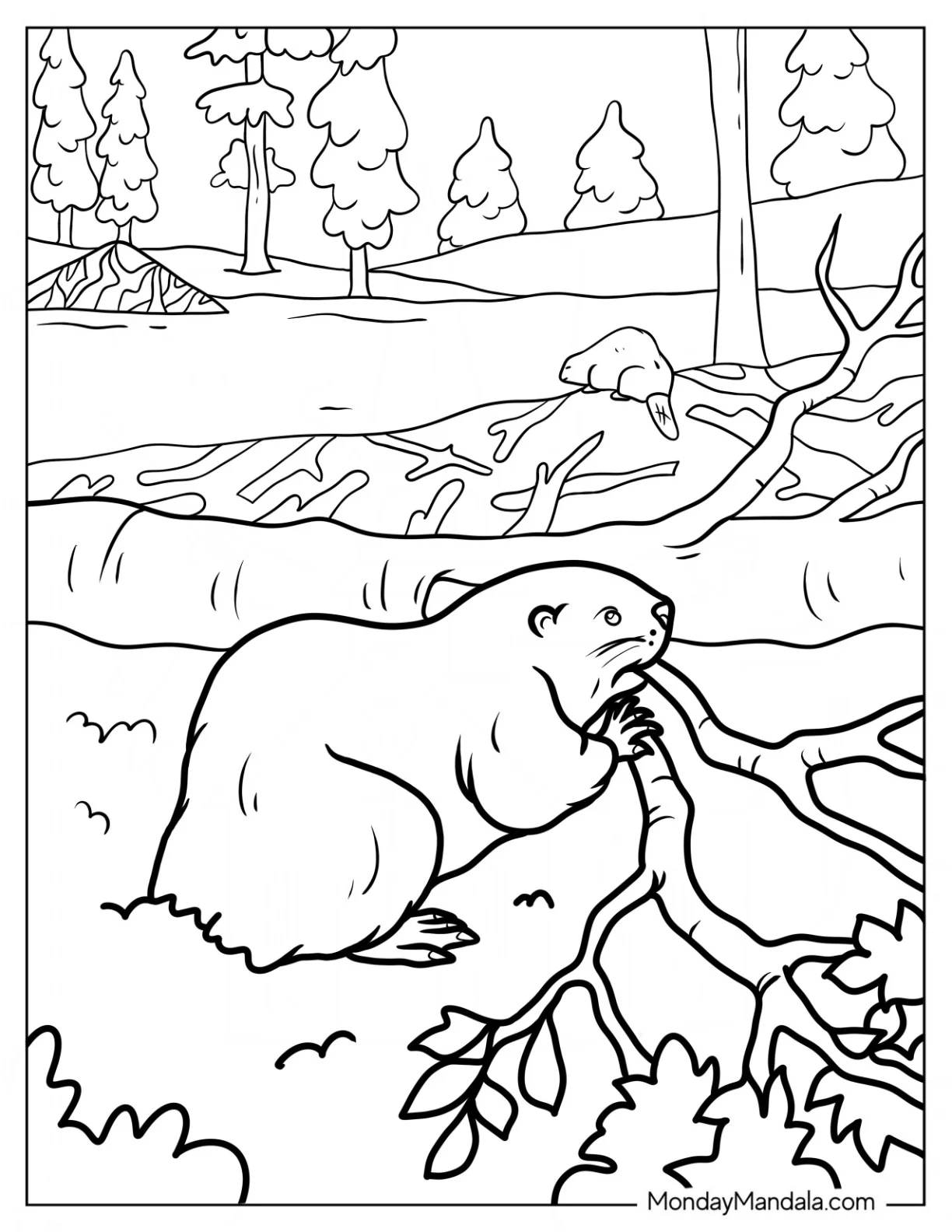 Large Beaver Coloring Page Chewing Off Branches From Tree coloring page