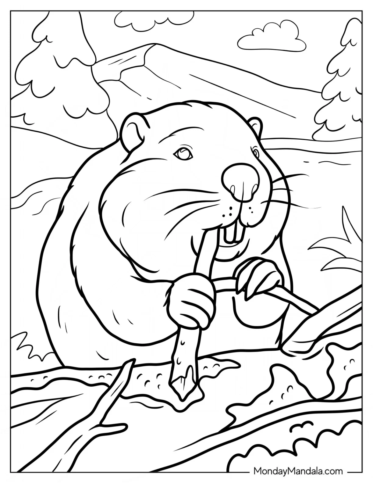 Realistic Beaver Coloring Page Chewing On Wood coloring page