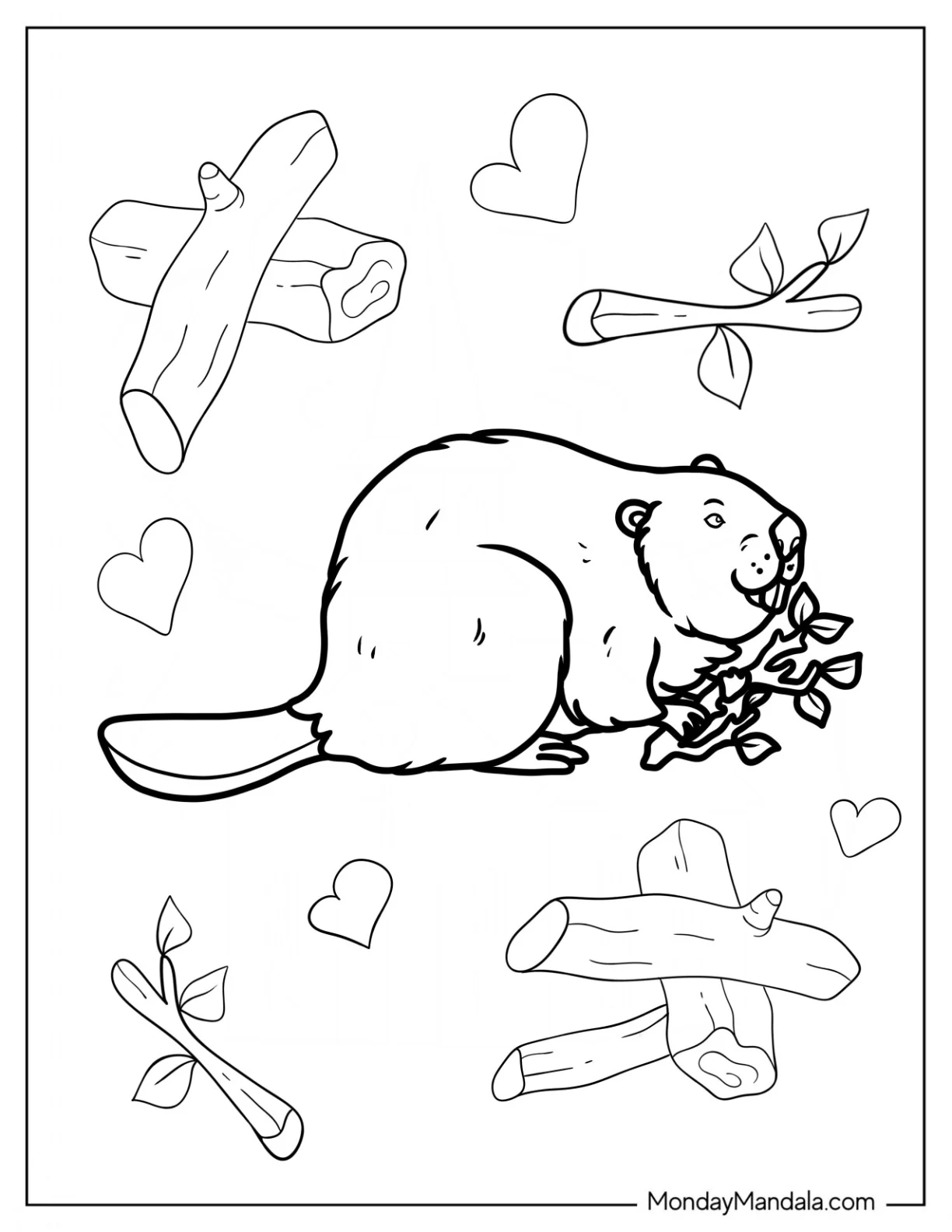 Realistic Beaver Coloring Page Holding A Tree Branch coloring page — printable line art