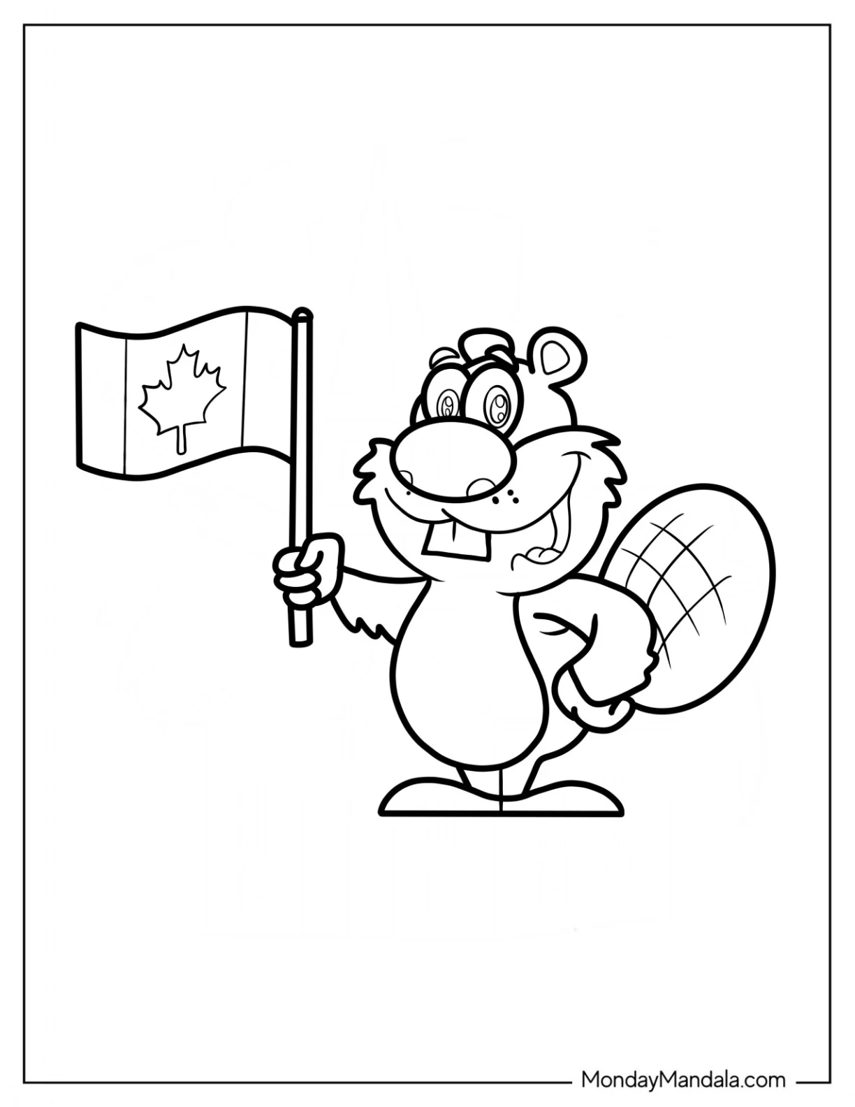Simple Cartoon Beaver Coloring Page Mascot Holding Canadian Flag For Kids coloring page