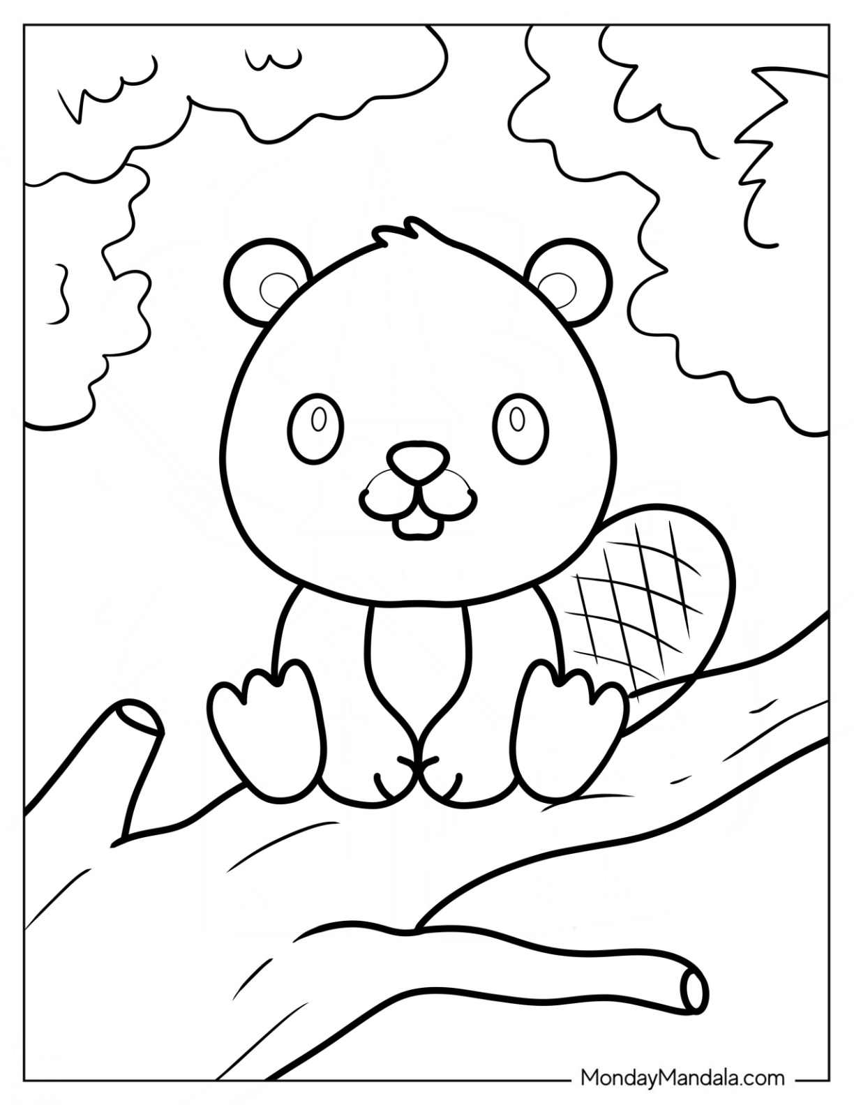 Smiling Baby Beaver Coloring Page On A Tree coloring page