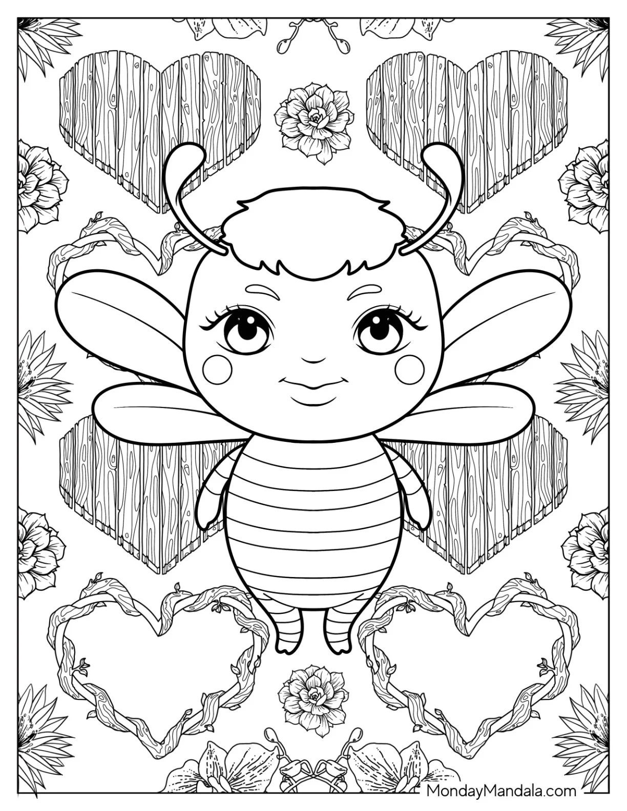 Adorable Bee Coloring Page With Love Heart And Floral Background coloring page