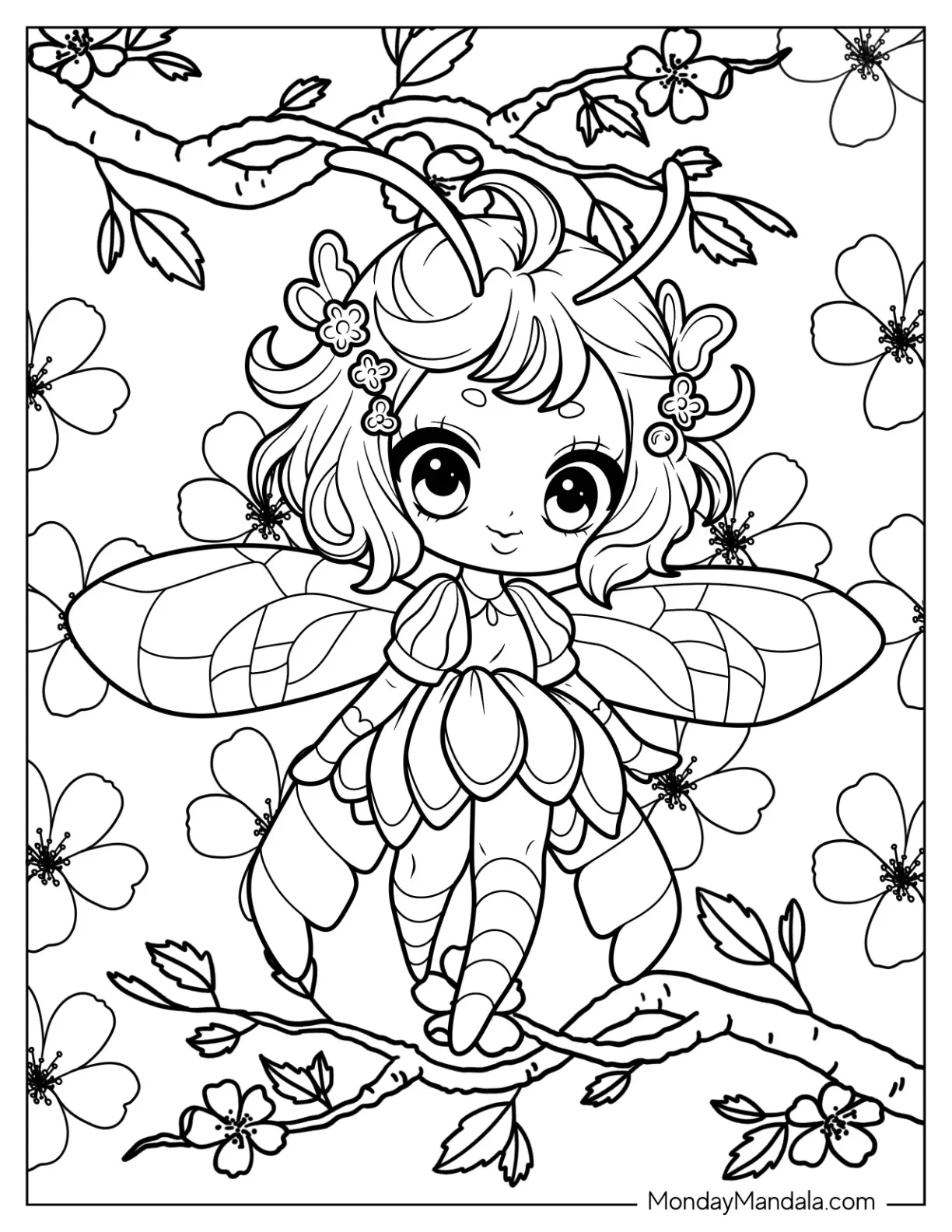 Anime Girl Bee Coloring Page Walking On A Tree Branch coloring page