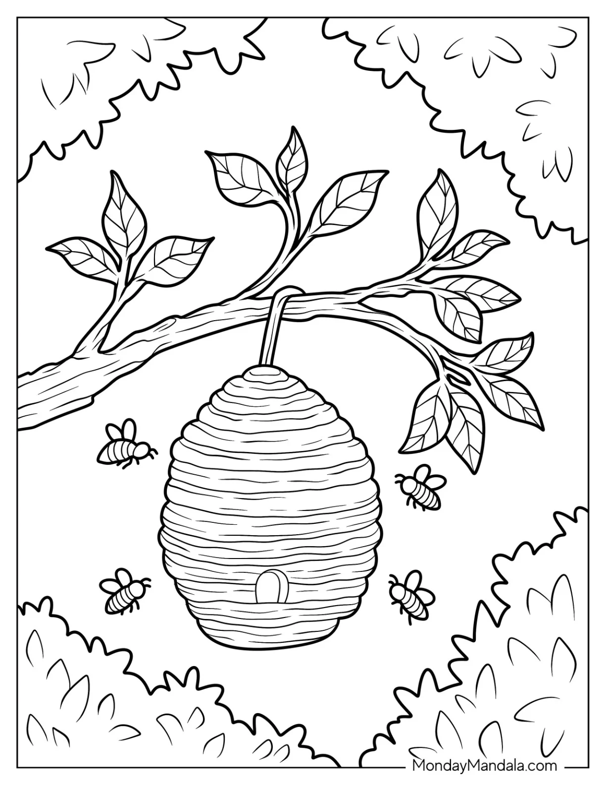 Bee Coloring Page Hanging Off A Tree Branch coloring page — printable line art