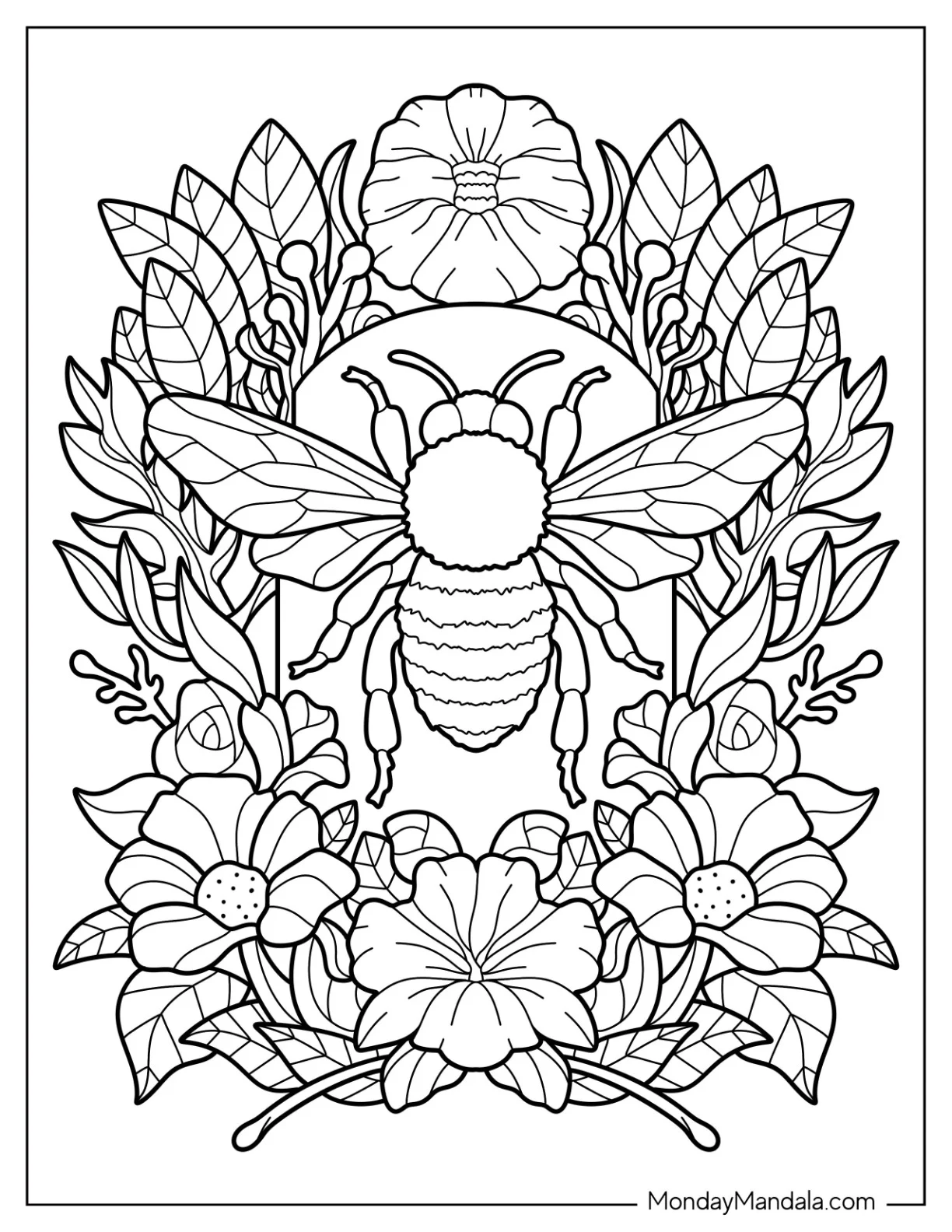 Bee Coloring Page Lying On A Pile Of Flowers And Leaves coloring page — printable line art