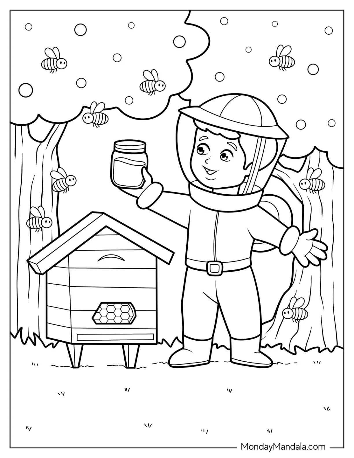 Bee Coloring Page Of Man Collecting Honey From A Apiary coloring page
