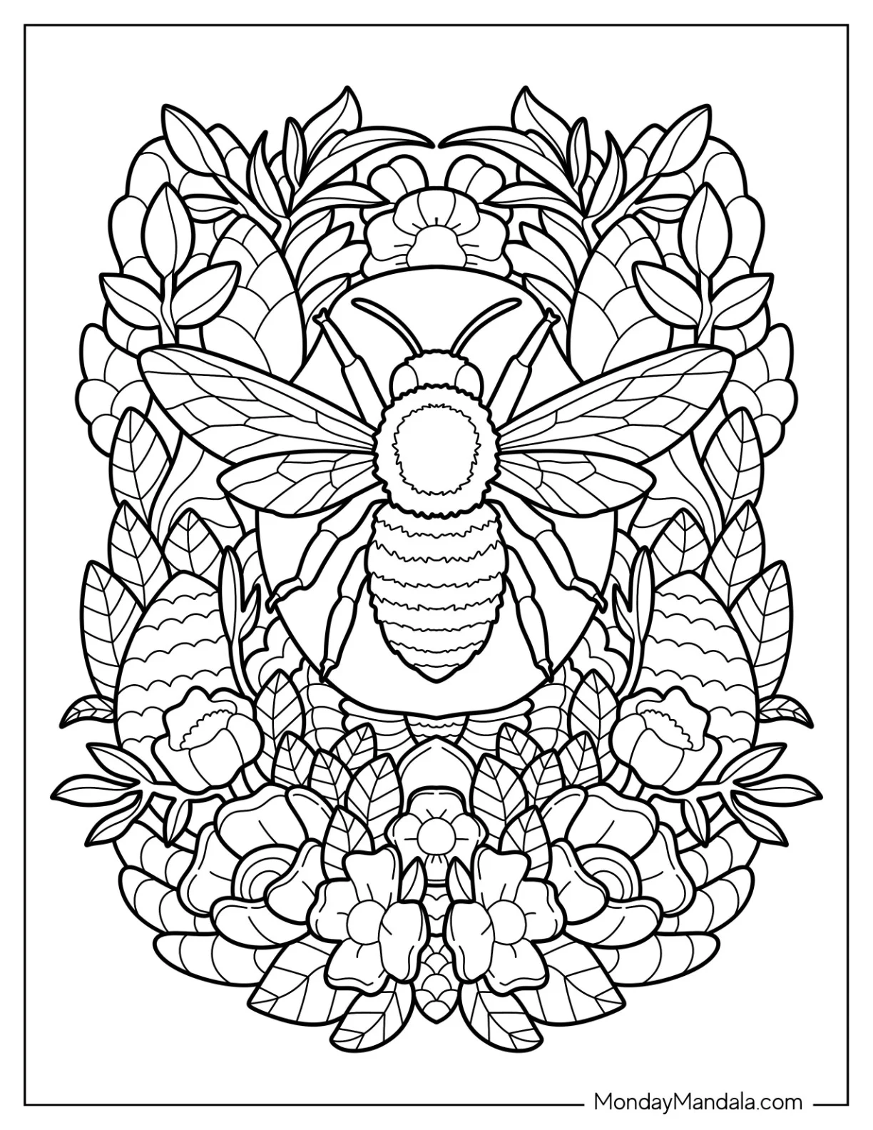Bee Coloring Page Of Surrounded By Flowers And Leaves coloring page