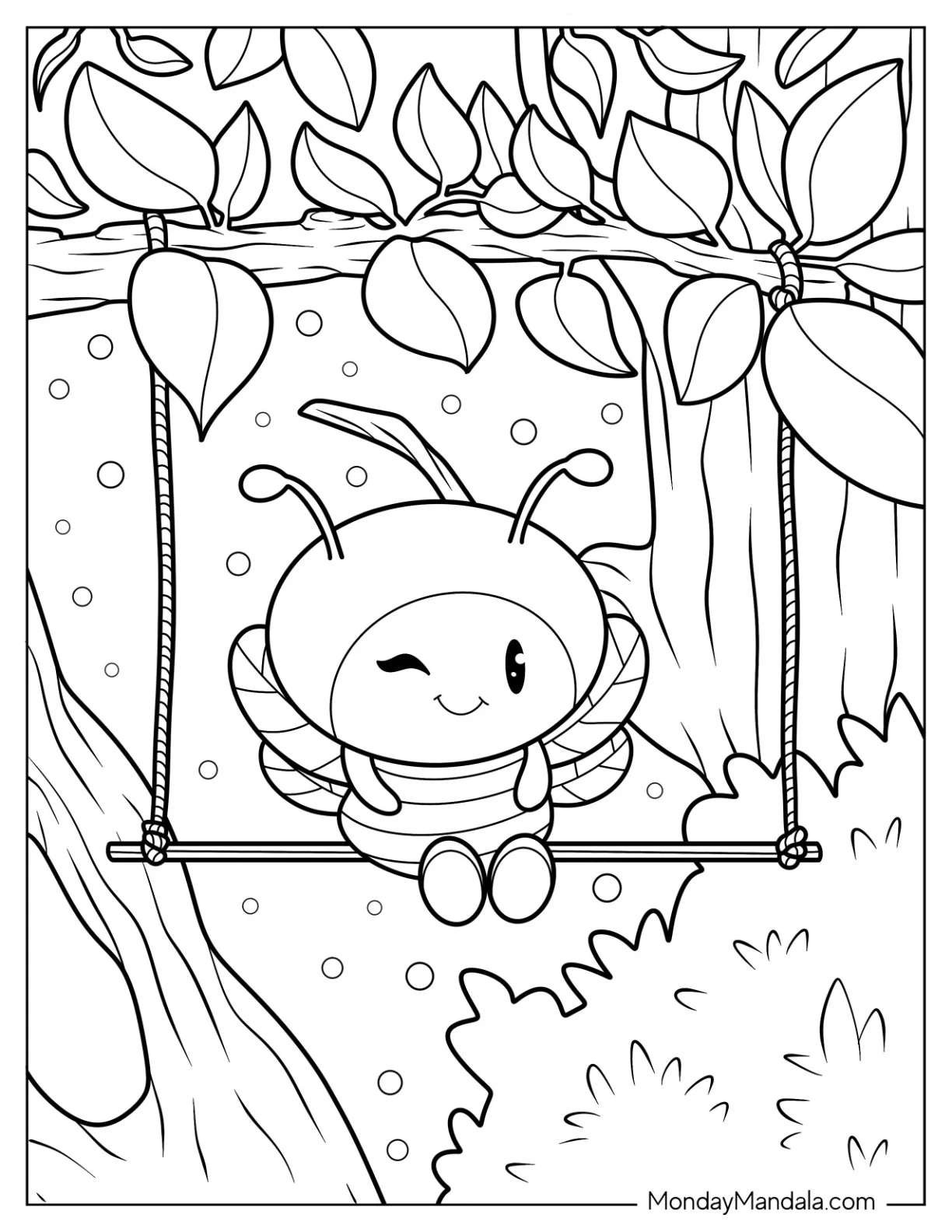 Bee Coloring Page Playing On A Swing Set For Kids coloring page — printable line art