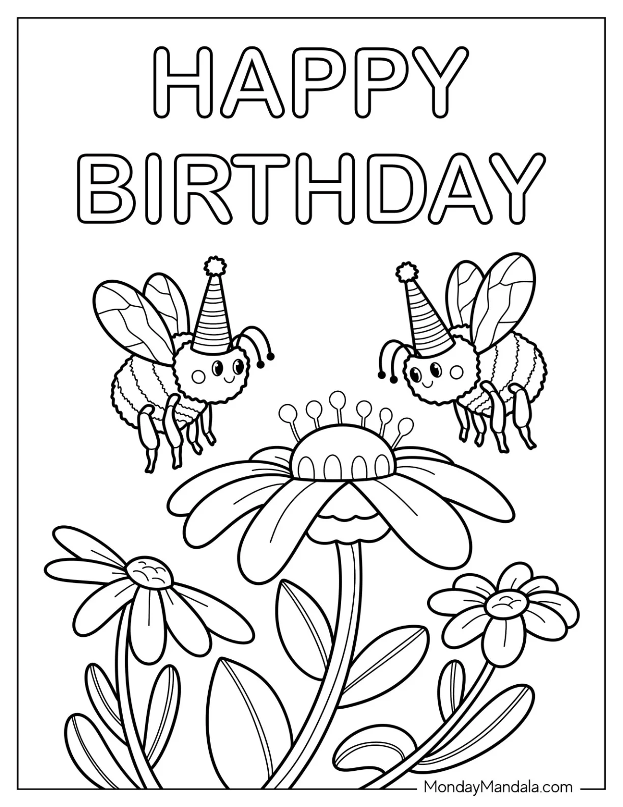 Bee Coloring Page Wearing Party Hats For Birthday Celebration coloring page