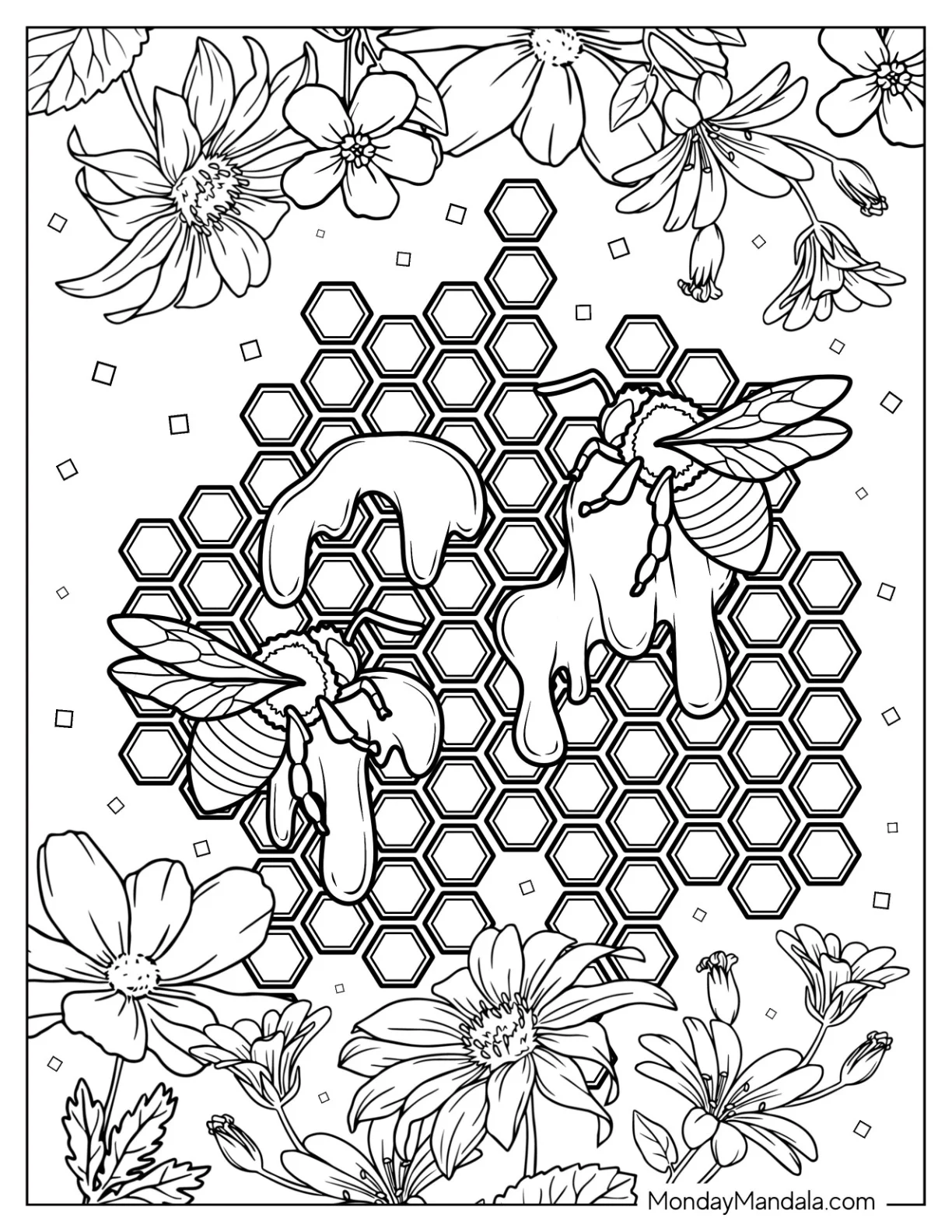 Detailed Bee Coloring Page Making Honey coloring page — printable line art