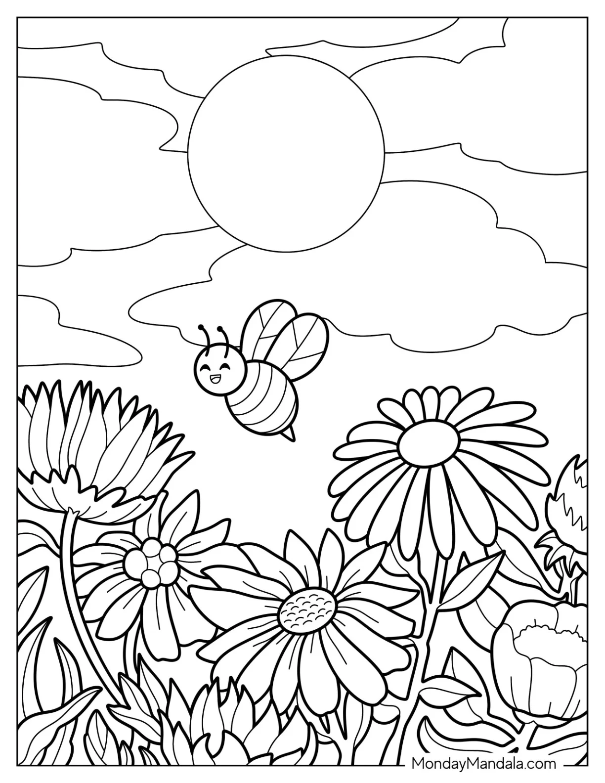 Happy Bee Coloring Page Flying Over Daisies coloring page — printable line art
