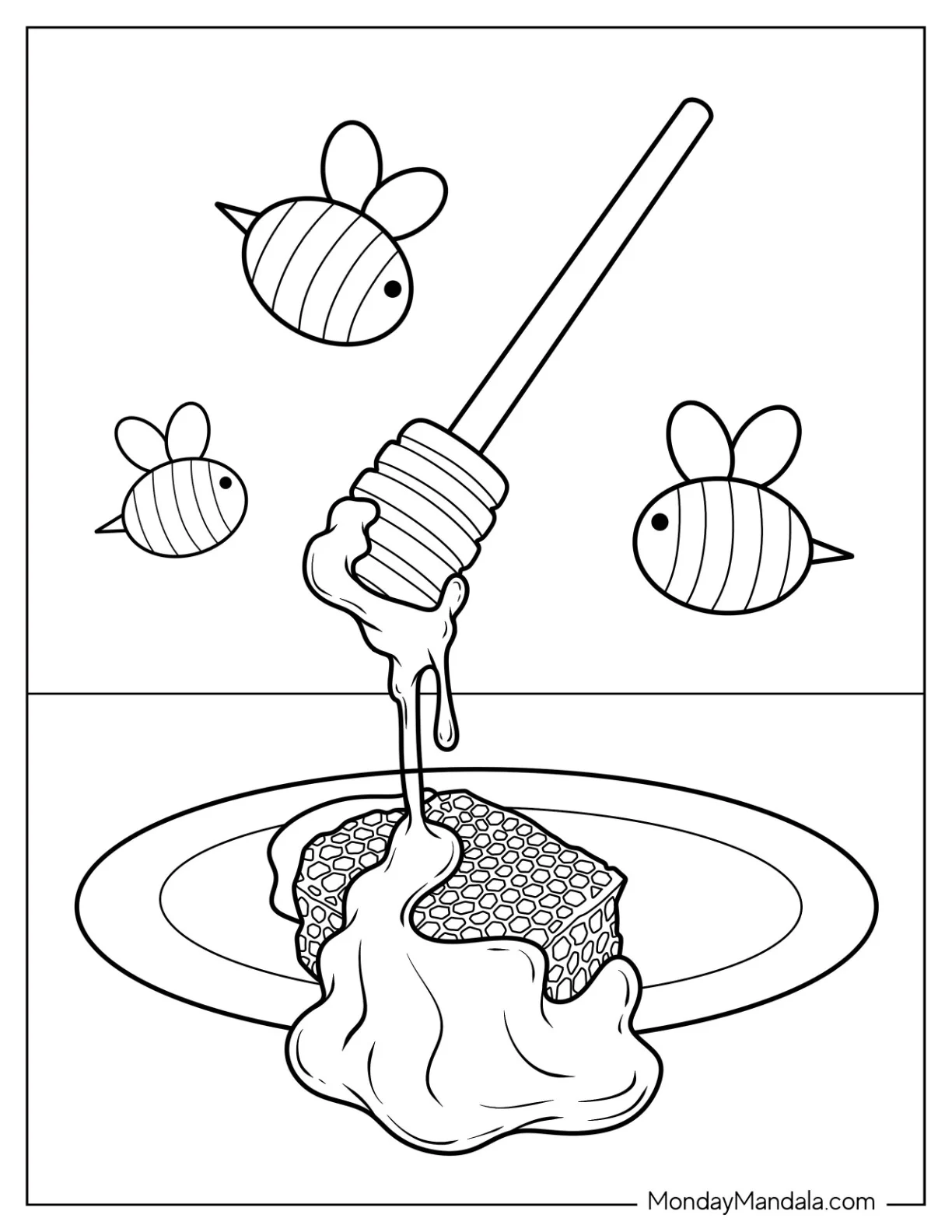 Honey Dipper Dripping With Honey And Surrounded By Bee Coloring Page coloring page — printable line art