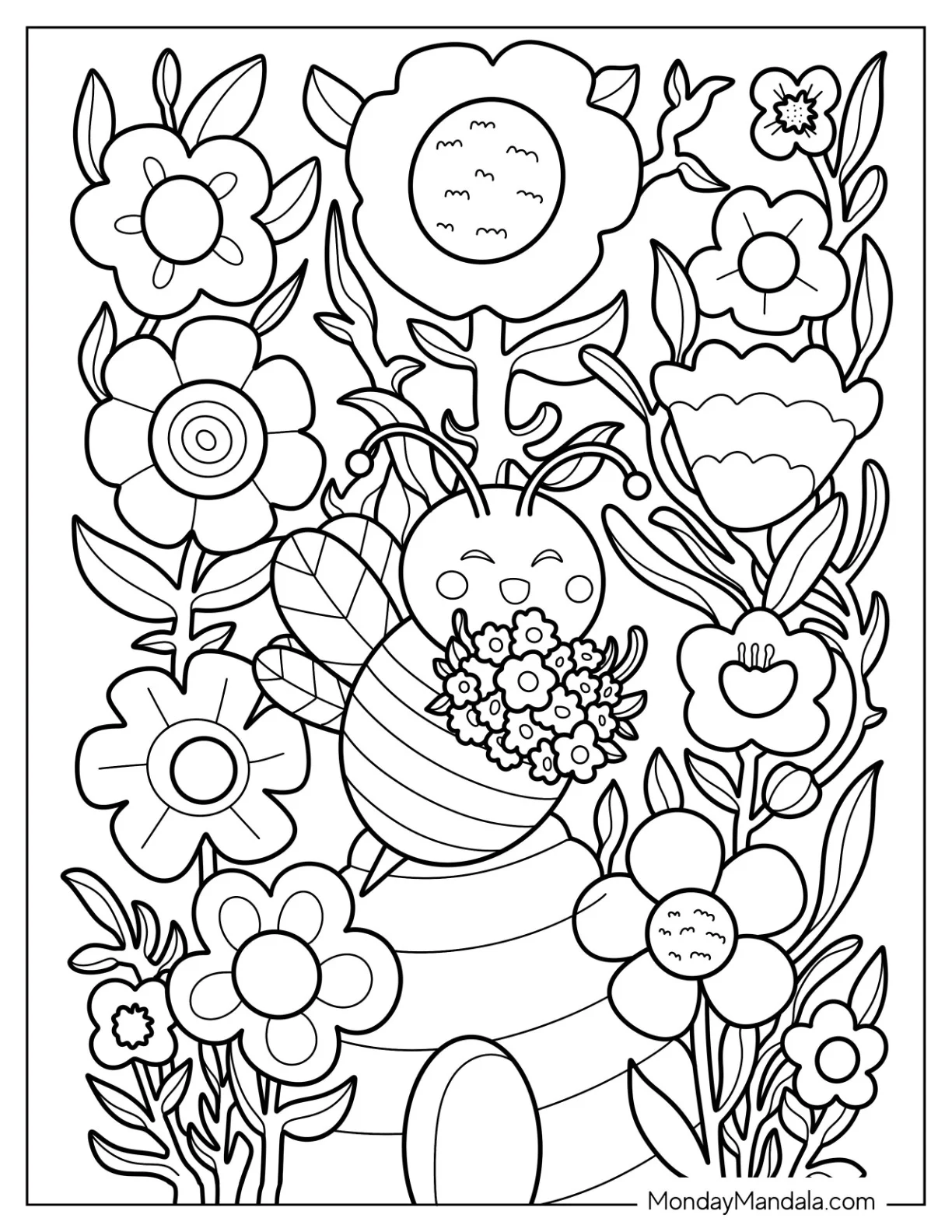 Kawaii Bee Coloring Page Collecting Flowers coloring page — printable line art