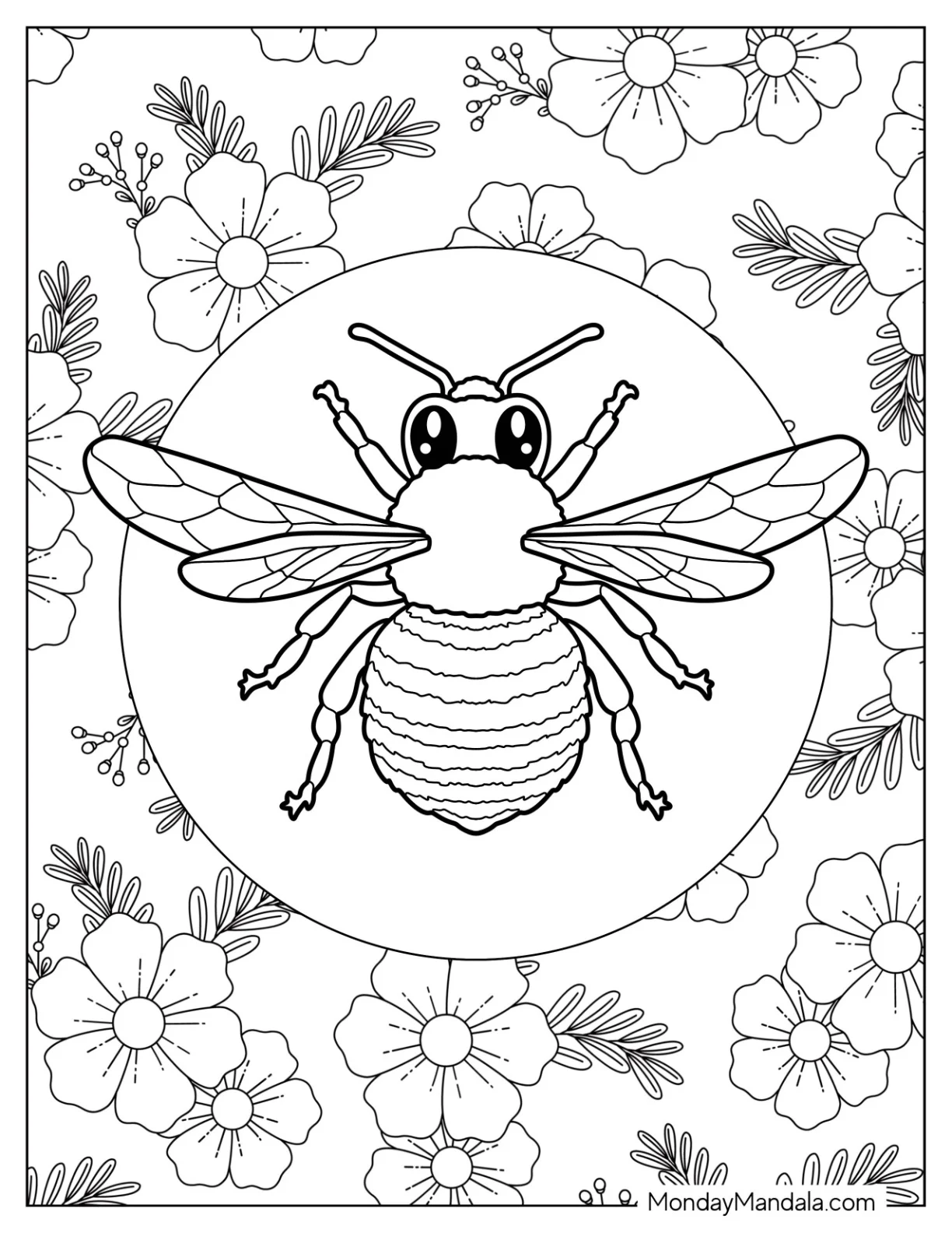 Large Bee Coloring Page With Glossy Eyes coloring page — printable line art
